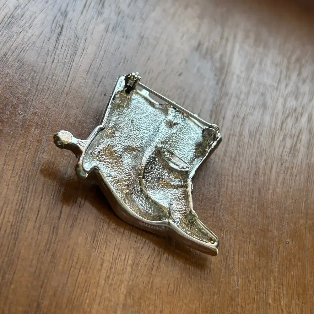 Vintage Silver Tone Cowboy Boots Brooch | Blue Enamel & Rhinestone Western Pin